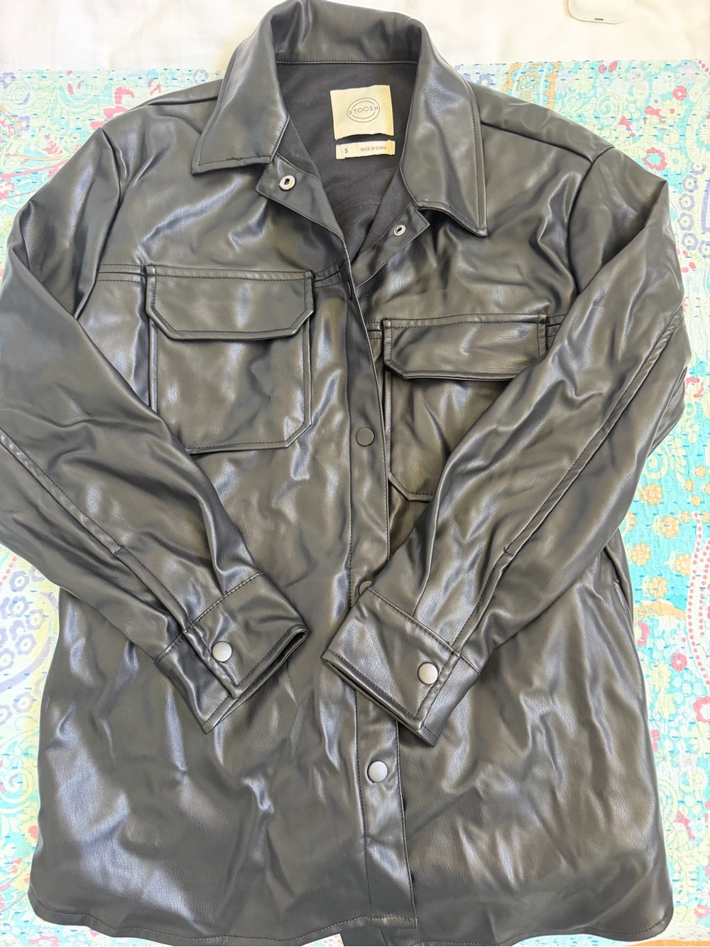 Stoosh Black Faux Leather Shacket with Flap Chest Pockets